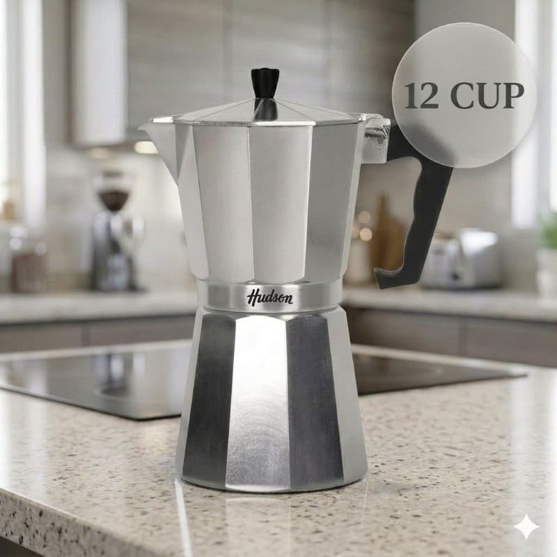 Cafetera Italiana Hudson | 12 Tazas | Aluminio Pulido Premium