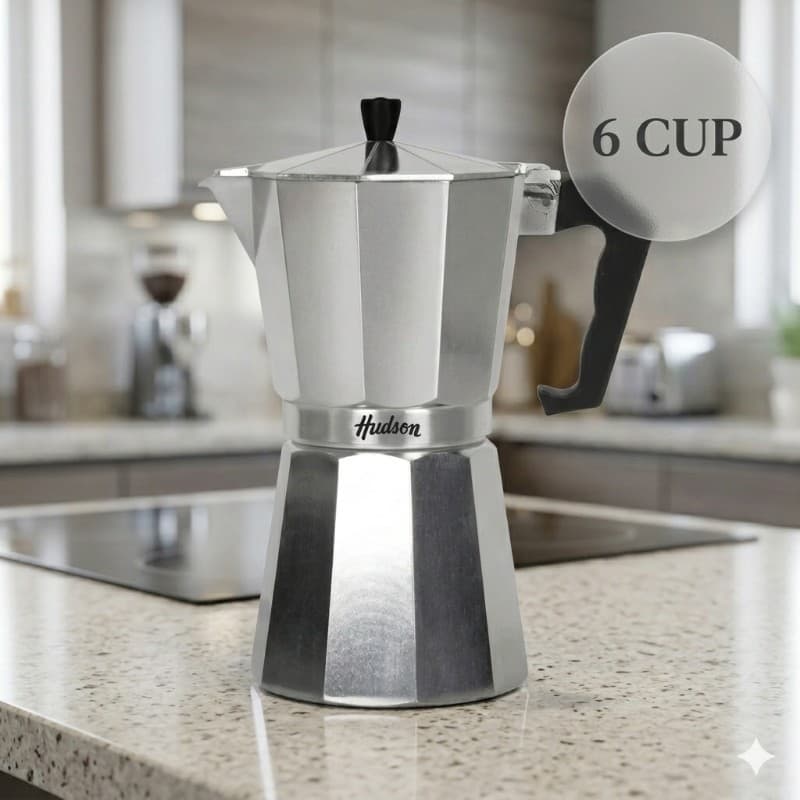 Cafetera Italiana Hudson | 6 Tazas | Aluminio Pulido Premium