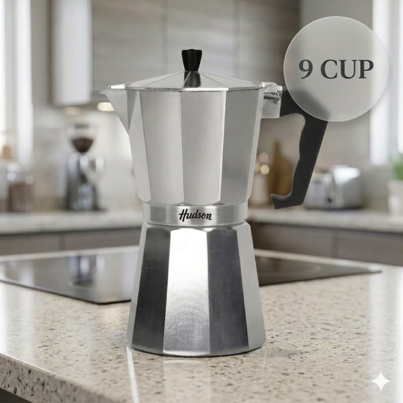 Cafetera Italiana Hudson | 9 Tazas | Aluminio Pulido Premium