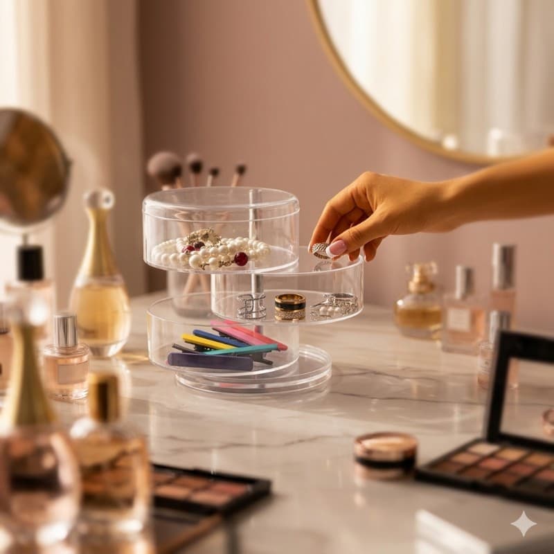 Organizador Giratorio de Acrílico | Optimización de Espacio | Exhibidor de Joyas y Cosméticos | Sistema de 3 Niveles