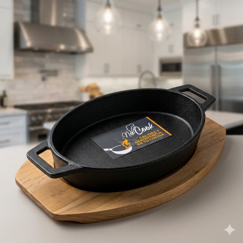 Olla de Hierro Fundido Ovalada | Con Base de Madera Premium