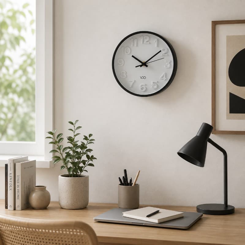 Reloj de Pared  20 cm con Números en Relieve y Marco Negro