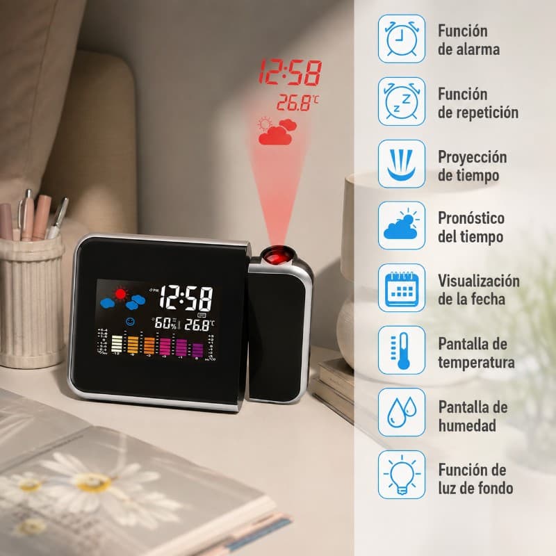 Reloj Proyector Despertador DS8190 con Temperatura y Calendario