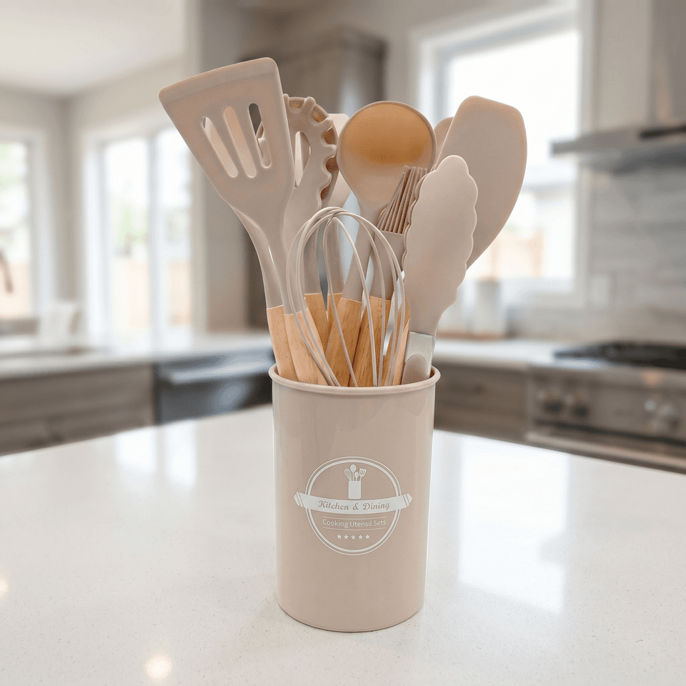 Set De Utensilios De Cocina X12 | Silicona Y Madera | Resistente Al Calor