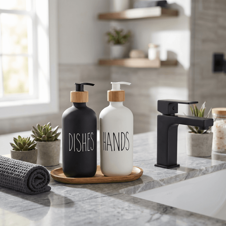 Set Dispenser Doble de Vidrio con Base de Bambú | Organización Elegante para tu Mesada | Dosificación Manual con Visor