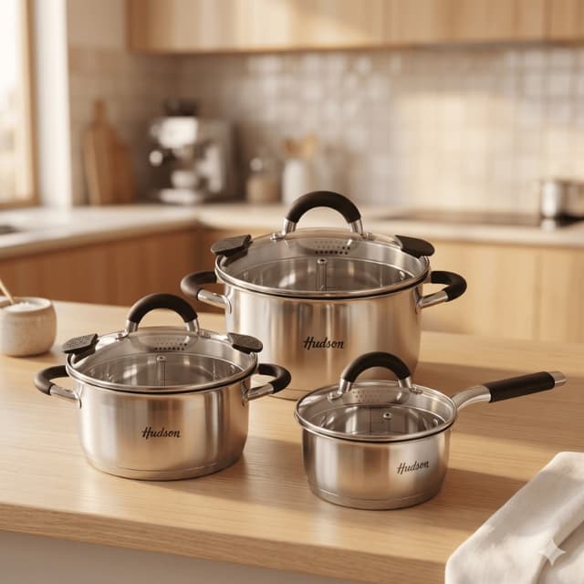 Set de 3 Cacerolas de Acero Inoxidable Hudson | Triple Fondo para Cocina Saludable y Alta Eficiencia | Tapas de Vidrio Templado con colador incluido.
