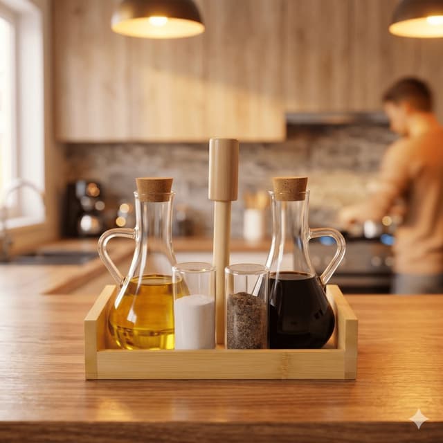 Set de Condimentos | Organización y Estilo en tu Mesa | Vidrio y Madera | 5 Piezas
